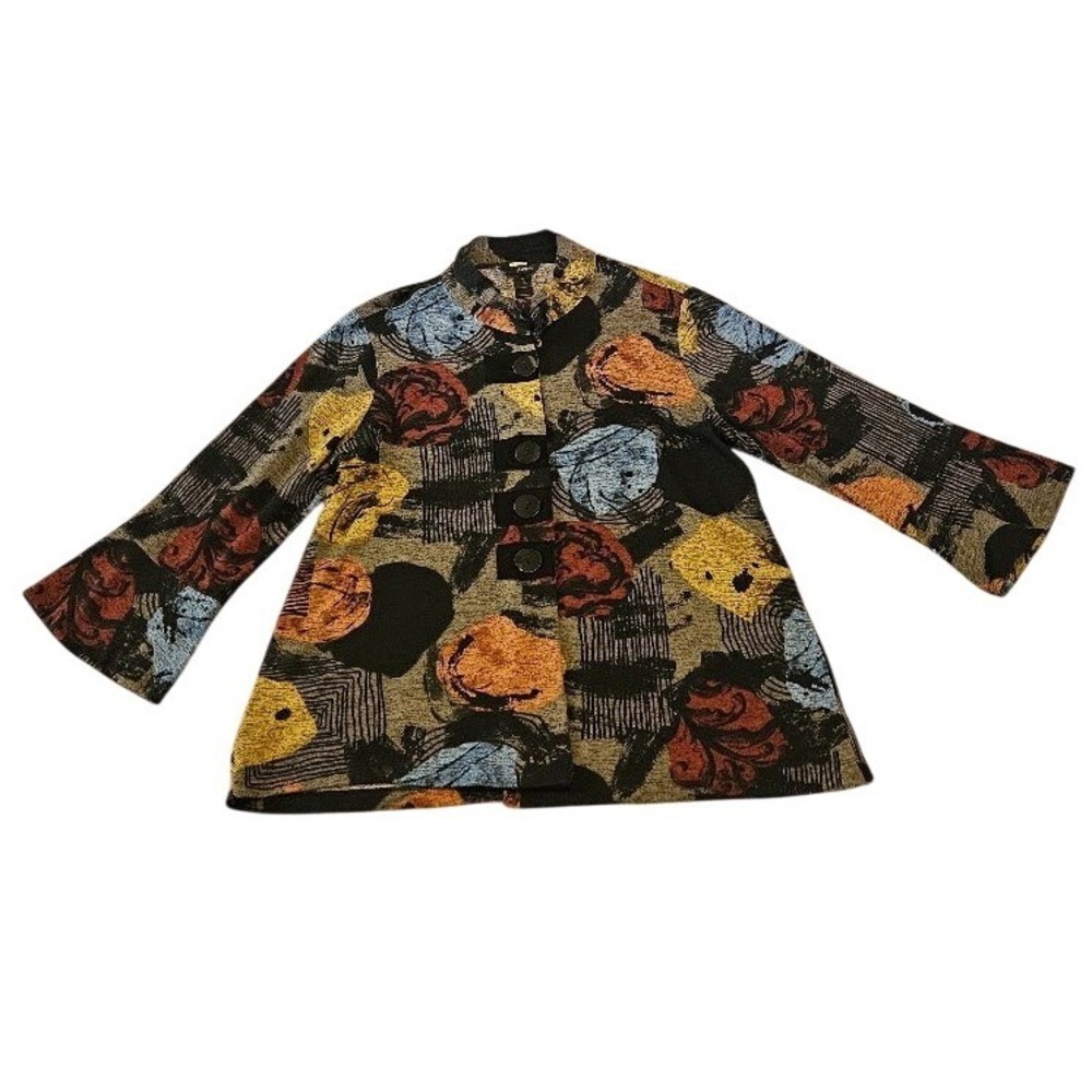 Ali Miles Womens 2X Abstract Floral Knit Jacket Mock Neck Button Front Artsy